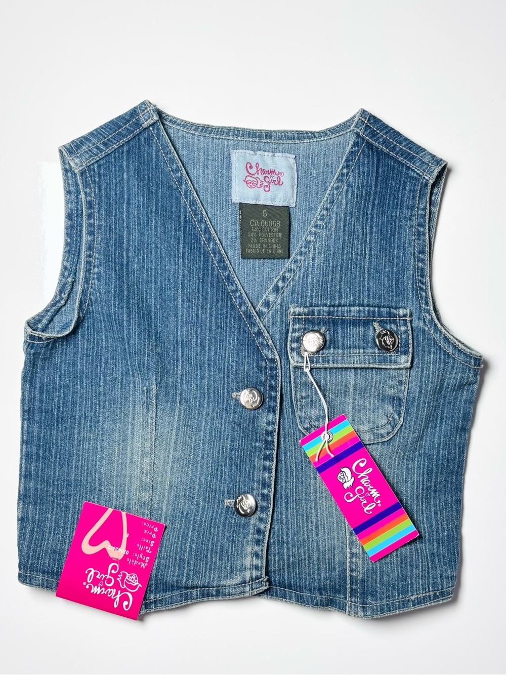 Vintage Y2K Deadstock Charm Girl Pinstripe Stretch Denim Vest 5/6 Western Boho